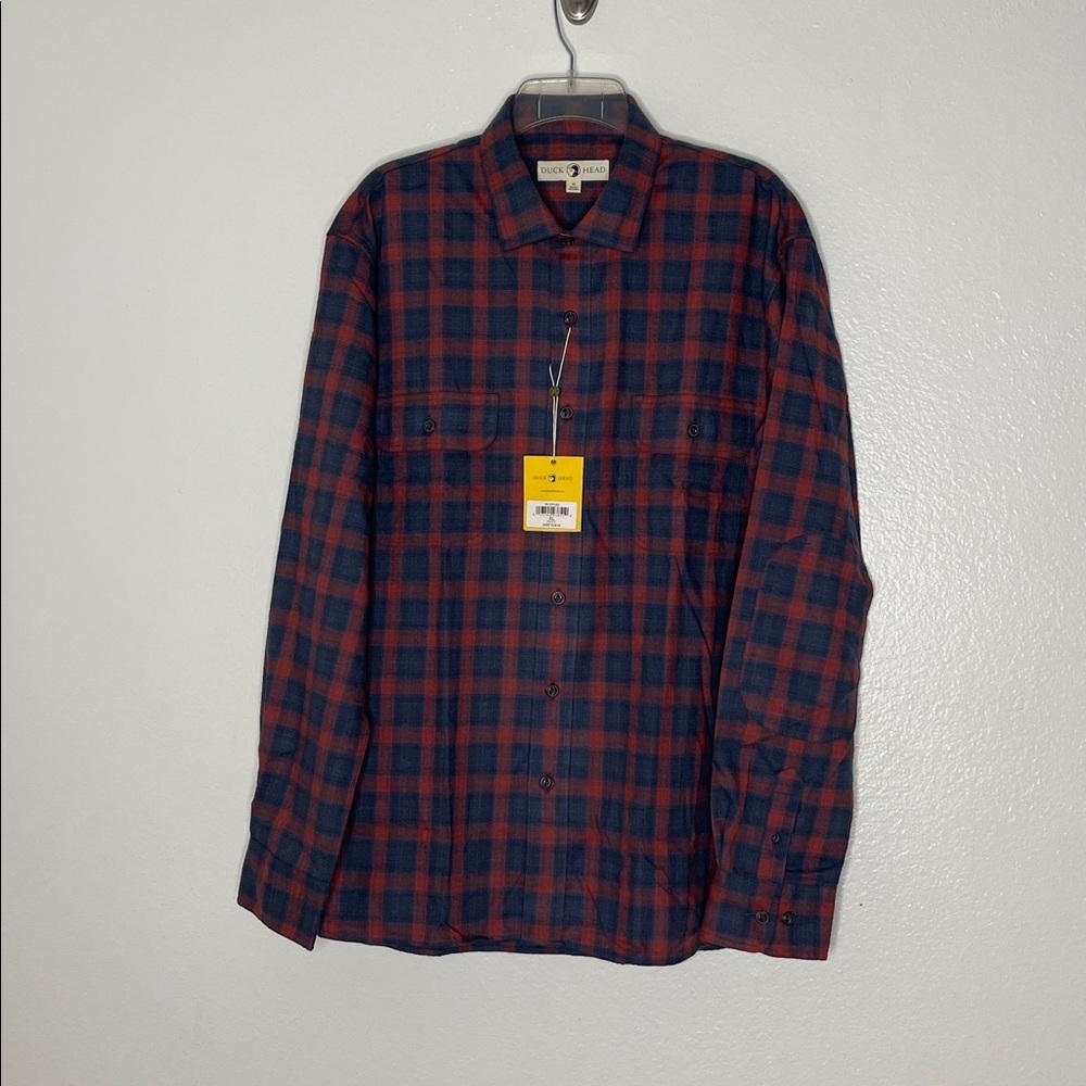 DUCK HEAD Button Flannel Navy Red Plaid Pockets Shirt MSRP $128.00